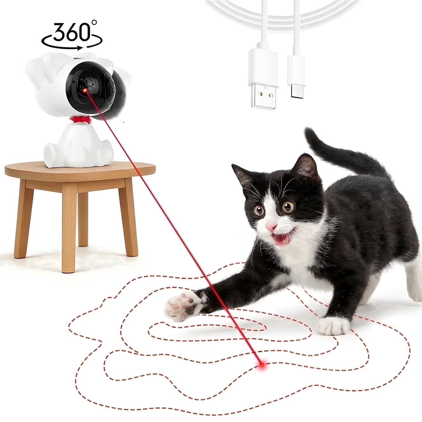 Risehigh Laser Cat Toys for Indoor Cats with Random Trajectory, 3 Modes & 2 Speeds, 360° Rotation, Rechargeable Automatic Interactive Toy for Bored Adult Cats & Kittens, White