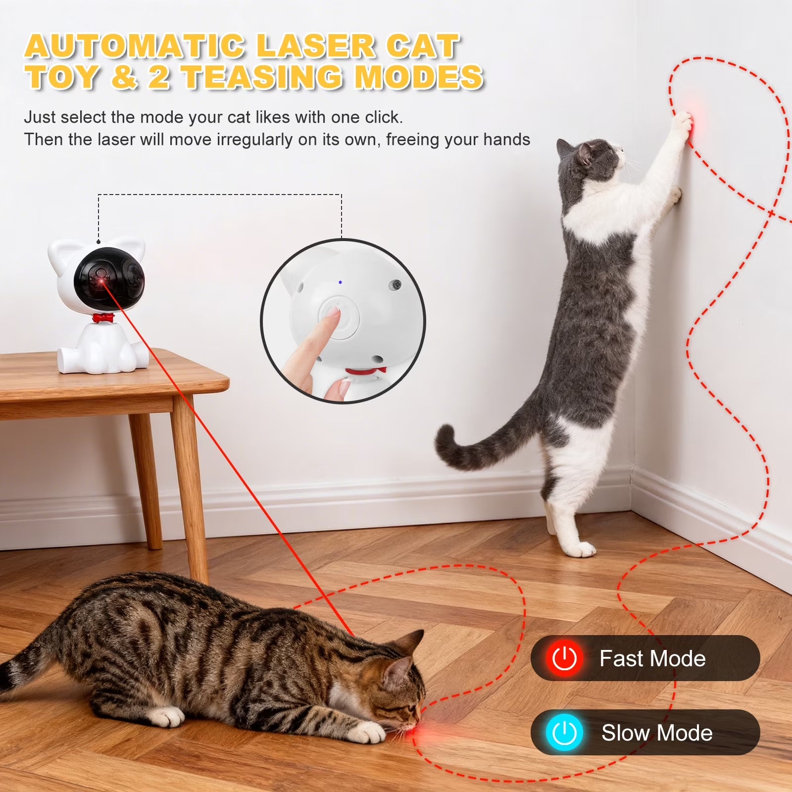 Risehigh Laser Cat Toys for Indoor Cats with Random Trajectory, 3 Modes & 2 Speeds, 360° Rotation, Rechargeable Automatic Interactive Toy for Bored Adult Cats & Kittens, White